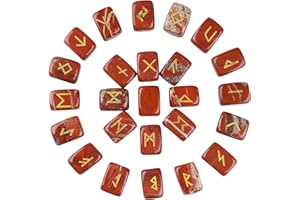 dssmboom Pack of 25 Rune Stones Engraved Pagan Lettering, Irregular Tumbled Stone Set with Golden Elder Futhark Alphabet for Crystal Divination Wicca and Reiki Healing, Red Jasper
