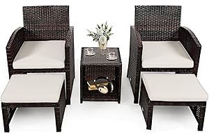 KOMFOTTEU 5-częściowy zestaw mebli ogrodowych z rattanu, zestaw mebli balkonowych z 1 stołem rattanowym i 2 krzesłami i 2 podnóżkami, zestaw mebli do siedzenia dla 2 osób, meble rattanowe i zestaw