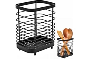 jinminamz Kosz na sztućce ze stali nierdzewnej, uchwyt na sztućce do zlewu, stojak na sztućce kuchenne, organizer kuchenny, metalowy ociekacz do naczyń do przechowywania przyborów kuchennych, czarny