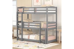 ‎MERAX Merax Hochbett für Kinder, Etagenbett mit Leiter & DREI Liegeflächen 90 x 200 cm, Kinderbett aus Holz mit Rausfallschutz und Zwei Lattenrost, Platzsparendes Stockbett für Familie Kindergarten, Grau