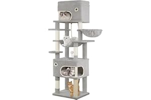 Hzuaneri Arbre à Chat, Tour de Jeux pour Chats de 178 cm avec Grande Plateforme, 2 Niches, 7 Griffoirs, Pompons, Paniers, Hamac, Convient aux Chats de Toutes Tailles, Gris Clair MS17818LG