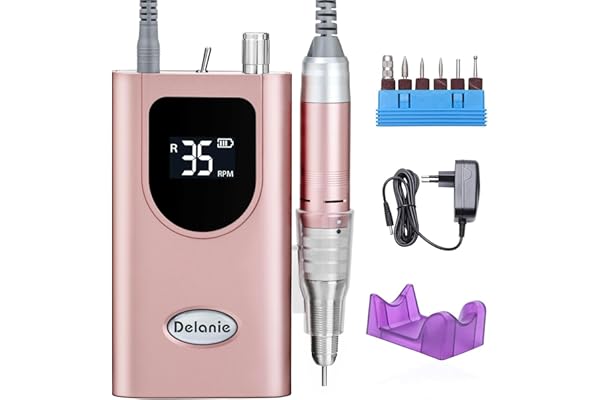 Delanie Ponceuse pour Ongles Professionnelle 35000 RPM Portable Rechargeable Avec Affichage LCD et 6 Embouts Ponçage pour Pédicure Manucure, Puissante, Silencieuse pour Salon/Maison