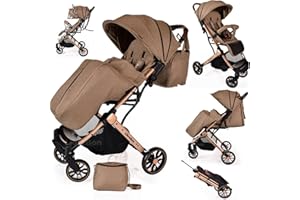 LIBREBON Baby Pushchair, Lightweight Stroller, Compact Travel Buggy, One Hand Foldable, Five-Point Harness, Foot Cover, Mommy Bag, Rain Cover, All Year Round (Khaki - Rose Gold Frame)