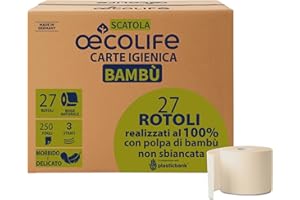 ŒCOLIFE oecolife - Scatola di carta igienica in bambù, 3 strati, 27 rotoli da 250 fogli, confezione grande, super morbida, senza plastica, prodotto vegano, carta igienica sostenibile