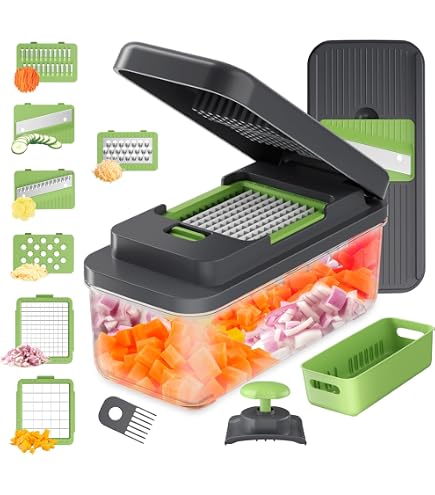 Amzeth Tritatutto 12 In 1 – Affettaverdure Professionale Con Contenitore 1,5L E 8 Lame In Acciaio Inox, Guanti E Protezione Inclusi