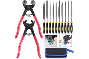 Glarks 12Pcs Mosaic Tools Set, Heavy Duty Wheeled Glass Mosaic Nippers and Tile Cutter Pliers with 10Pcs High Strength Needle File for Glass & Ceramic Cutting and Grinding