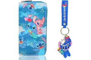 WINRIC Stitch Wallet with Stitch Keychain Set Cartoon Purses PU Purse Long Stitch Wallets and Keychains Stitch Gifts for Girls Women(Style D)