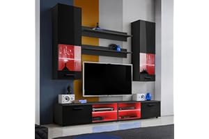 Komodee, Wohnwand Wohnzimmerset RTV Varallo, Schwarz Hochglanz/Schwarz Matt, Breite 200cm x Höhe 195cm x Tiefe 45cm, LED RGB, für Wohnzimmer, Schlafzimmer