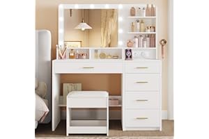 Hzuaneri Dressing Table with 3-Colour LED Adjustable Brightness, Vanity Table with Plug and Large Mirror, Stool and Hairdryer Holder, 6 Open Storage Areas, 108 cm Desktop, White DT42903XUK