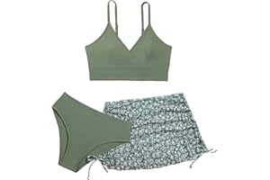 Momkonzz Maillot de bain 3 pièces pour fille Motif floral Noir 7-16 ans