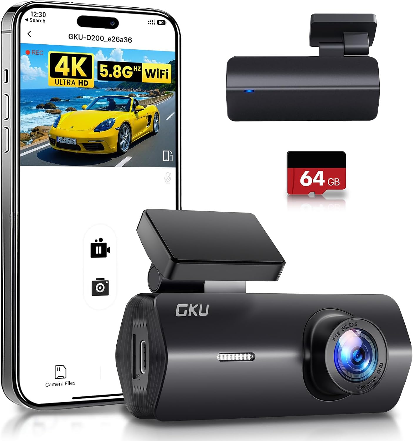 GKU 4K Dash Cam,Dash Cam Front with UHD 2160P, 5.8GHz WiFi DashCam,24H Parking Monitor,Night Vision,WDR,170° Wide Angle,Loop Recording,G-Sensor,DashCam Front Includes 64GB SD Card,Supports 256GB Max.