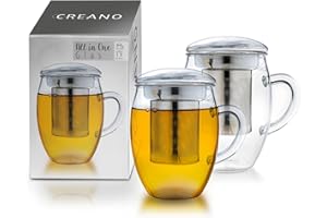 Creano Tea Glass with Stainless Steel Infuser and Lid 400ml - Large Tea Cup - Microwave & Dishwasher Safe - Loose Leaf Tea Maker Gift Set - 2 pcs (Pack of 1)