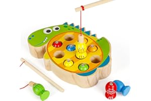 XiYee Angelspiel Holz ab 2 Jahre, Montessori Magnetische Angelspiel Holzspielzeug, Motorikspielzeug Angel Spiel für Kinder Lernspielzeug Holzpuzzle Fische Angeln Geschenk (Dinosaurier)
