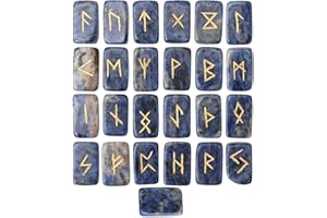 FASHIONZAADI Natürliche Sodalith Runensteine Set mit Futhark Runenalphabet Rechteckform Stein Runenwörter für Kristall Reiki Heilung Meditation Wahrsagerei Spirituelles Geschenkset Größe 15-20mm