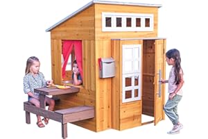 KidKraft Modernes Outdoor Spielhaus aus Holz mit Kinderküche und Gartenmöbel für Kinder, Holzspielhaus für den Garten, Spielzeug für Draußen, 00182