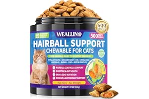 WEALLIN Cat Hairball Support, 500 Cat Hairball Care Chews Crunchy Shell with Krill Core, Furball Care, Digestion, Skin & Coat Wellness, Chicken Flavor, for All Breeds & Ages Cats
