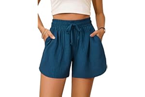 Totatuit Short Femme en Coton et Lin avec élastique Taille Haute avec Cordon de Serrage Sport Jogging Pantalon Ample Court avec Poches Shorts de Plage Short