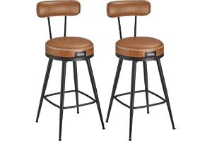 VASAGLE EKHO Collection - Barstol Set om 2, Vridbar stol med ryggstöd, konstläder, med sömmar, modern stil från mitten av århundradet, 65 cm hög, kök, hembar, karamellbrun LBC089K01