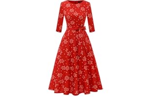 DRESSTELLS Damen Rockabilly Kleider Rund-Ausschnitt 3/4 Arm Festlich Kleid Retro Vintage Swing A-Line Midilang Cocktailkleid