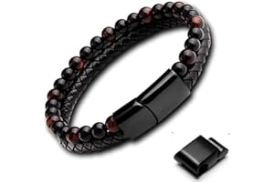 genac Bracelet Original Pour Hommes En Perles De Pierres Naturelles 6mm Et Cuir Véritable Avec Fermoir Magnétique Amovible En Acier Inoxydable Pour Régler Facilement La Longueur.