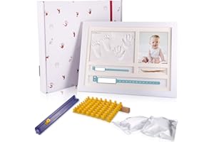 JOSPL Cornice Impronte mani e piedi Neonato e Bambino kit completo con Argilla, Porta Bracciali di Nascita e Portafoto Legno, Lettere Stampo, per regalo neo mamma