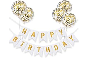 Meowoo Happy Birthday Banner Birthday Bunting with 5 Gold Confetti Latex Balloons Perfect for Birthday Party Decorations - White