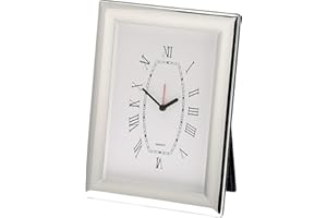 H.Bauer jun. große stehende versilberte analoge Deko Tischuhr mit römischen Ziffernblatt - polierter Rahmen 18 x 13 cm