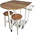 HYGRAD BUILT TO SURVIVE White Wooden Portable Drop Leaf Folding Rolling Kitchen Island Trolley Table Desk With Stools