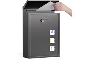 SWEETMIRTH Post Boxes Wall Mounted Waterproof, Modern Delivery Letter Box for Outside Wall with Combination Lock, Viewing Windows, Rain Cover, Steel Mail Box, Lockable Large Letterbox, 40x25x10cm Black