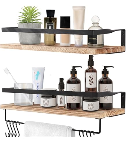 Handgemaakte rustieke houten planken wandgemonteerde zwevende planken met zittende zwarte L-beugels, gemaakt van teruggewonnen hout - ideaal voor badkamer- of woonkamerdecoratie (40 cm