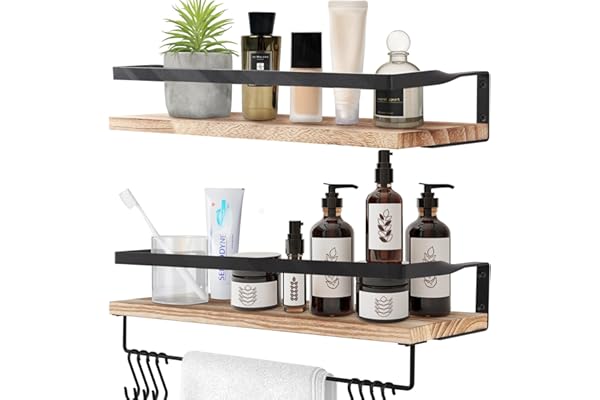 Uten Lot de 2 Étagères Murales en Bois, Design Moderne, avec Porte-Serviettes et Crochets, Rustiques, pour Cuisine, Salle de Bain, Salon, Bureau, 42 x 15 x 7.5 cm, Brun Clair-1