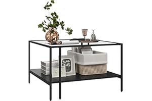 HOMCOM Stolik kawowy 2-poziomowy kwadratowy stół do salonu z blatem ze szkła hartowanego, 1 dolna półka, minimalistyczny design, wymiary 73 l x 73P x 46,5H cm, czarny