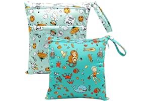 HOTLIKE Wet Bag, Waterproof Nappy Bag, 2Pcs Reusable Cloth Diaper Bags, Wet Dry Bag Organiser Bag, Produce Bags with Double Zippers Handle, Storage for Daycare Swimsuits Travel Beach Gym Bag (Green)
