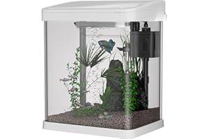 BETROME Fish Tank, 9L Small Glass Aquarium with Filter System, LED Lights, Water Pump, Fish Tank for Goldfish, Mini Fish, Shrimps, White
