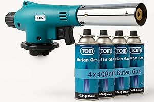 TOM Gasbrenner – Brenneraufsatz - Gaskartuschen mit Bajonettverschluss MSF-1A für Werkstatt, Garten, Küche & Co. – 1300°C – Piezozündung – Lötbrenner – Bunsenbrenner (Gasbrenner mit 4 Gaskartuschen)