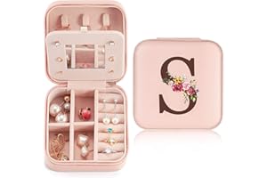 SINEKONG Scatola Portagioie da Viaggio Portagioie con Iniziale S e Fiore Mini Porta Gioielli Donna Portagioielli Piccoli con Specchio Ragazza Regalo per Compleanno Anniversario Natale