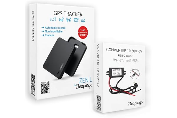 Beepings - Tracker GPS ZEN L + Convertisseur - Non Brouillable - 1 An Abonnement Offert - Autonomie Illimitée - Géolocalisation Europe - Voiture Moto Scooter Camping-Car - Antivol - Étanche - Sans SIM