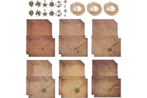 HILEYU 60 Pezzi Kit per Scrivere Lettere Vintage Carta da Lettere Vintage con Buste Anticate 24 Carta Invecchiata A5 12 Buste di Carta Kraft Retrò 12 Ciondolo in Metallo 12 Corda di Iuta Carta Antica Kraft