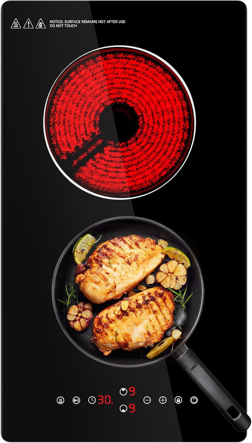 Ceramic Hob,29cm Built-in 2 Zones Electric Hob,3000W,Built in Black Glass Cooker with Touch Control, Child Safety Lock, Timer