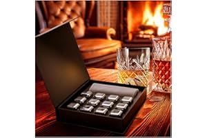 COM-FOUR® Juego de regalo de piedras para whisky: 12 cubitos de hielo de acero inoxidable con pinzas y bolsa de acero inoxidable (12 piezas con caja de regalo)