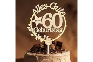 Giftota Holz-Cake-Topper für 60. Geburtstag mit LED-Lichterkette - Tortendeko für Frauen und Männer