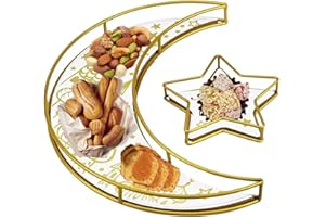 WVWMYM Ramadan Deko, Ramadan Tablett, Mond Stern Ramadan Teller, Ramadan Dekoration Tablett Serviertablett, Eid Mubarak Dekoration Tischdekoration für Dessert Gebäck Ramadan Deko (Gold)