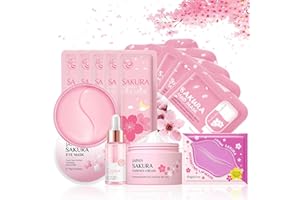 SHEFAVE 6PCS Sakura Serum für Pamper Geschenke für Frauen mit Feuchtigkeit erfrischende Hautpflege Sets für Kits -Gesichtsserum, Gesichtscreme, Schlafmaske, Augenmaske, Schlammmaske, Lippenmaske (S)