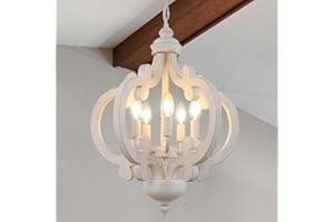 ‎KMAIPEM KMaiPem Vintage Weiß Kronleuchter, 5 Lichter Modern Rustikal Landhaus Hängelampe Esstisch, Französische Bauernhaus Holz Pendelleuchte für Wohnzimmer, Schlafzimmer, Flur