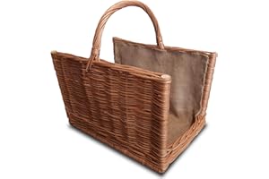 Ogrodzenia Wiklinowe Duży Wypleciony Kosz na Drewno Opałowe do Kominka 47 x 30 cm Wiklinowy Kosz z Solidnym Uchwytem i Jutową Tkaniną