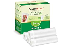 Bonsenkitchen Sacs sous Vide Alimentaire 4 rouleaux 20 x 500 cm, pour la Conservation des Aliments Sous Vide Et la Cuisson Sous Vide, Sans BPA, VB40