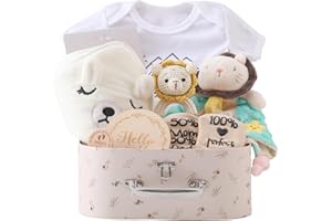 Promise Babe Baby Gift Set Coffrets cadeau bébé,cadeau naissance nouveau-né fête bébé serviette bain jalon couverture barboteuse chaussettes bois crochetée hochet jouet photo requisten (For Boy Girl)