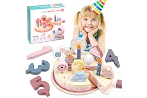 Farnirvana Juguete de Madera para Tarta de Cumpleaños, Comida Juguete Cocinita con Velas Extraíbles y Elementos Decorativos, con Velas Numeros para Cocinita Comida para 3 4 5 Años Niños Niñas