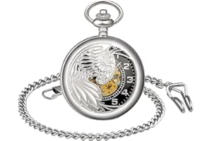 Unendlich U Men's Unisex Luxury Eagle/Phoenixes Retro Hand Winding Mechanical Pocket Watch Skeleton Chain Watch Sweater Necklace Gift for Christmas Father's Day, silver, vintage