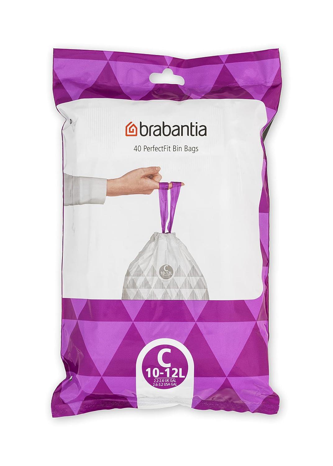 Brabantia PerfectFit afvalzakken (C-code – 10 l/12 l), zeer robuust, met intrekbare handgrepen (40 zakken) | Sac en plastique épais, ultra-résistant, Poignées coulissantes, remplacement de sac simplifié, Blanc à poignées vertes